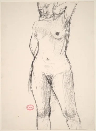 Untitled [standing nude with her left elbow raised] by Richard Diebenkorn, drawing, 1955-1967