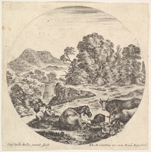 Plate 10: a horse lying down, a cow and two goats, two seated shepherds, a waterfall and a mountain in the background, from "Roman landscapes and ruins" (Paysages et ruines de Rome) by Stefano della Bella, print, 1643-1648