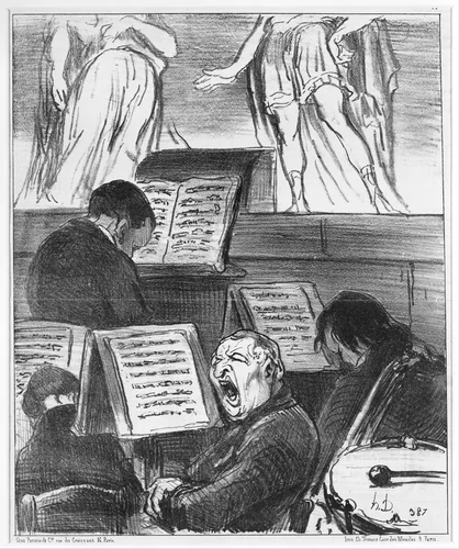 The Orchestra During the Performance of a Tragedy (L'orchestre pendant qu'on joue une tragédie), from Croquis Musicaux, published in Le Charivari, April 5, 1852 by Honoré Daumier, print, 1852