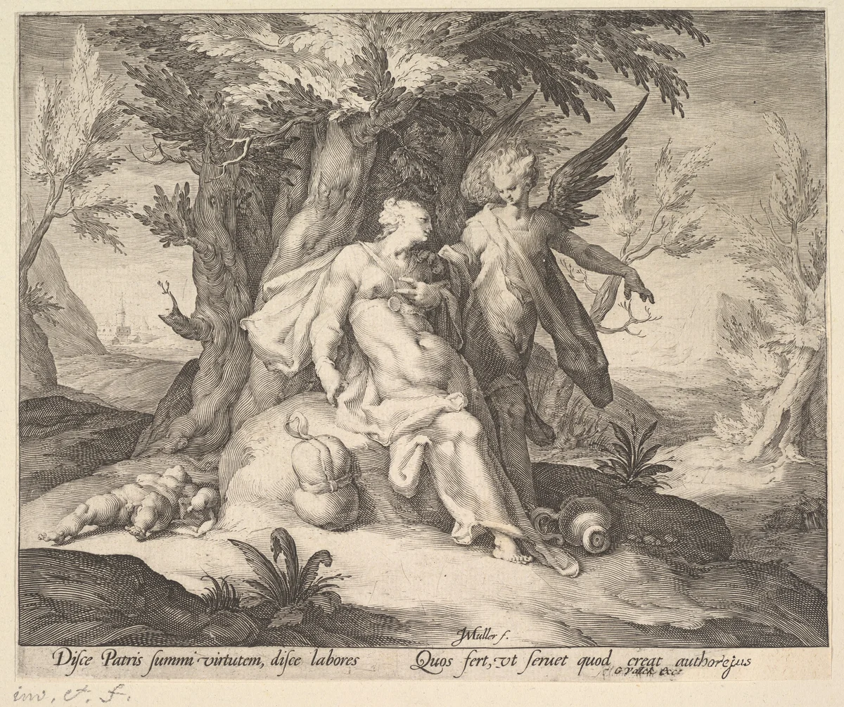 Hagar in the Desert Consoled by an Angel by Jan Muller, print, 1586-1596