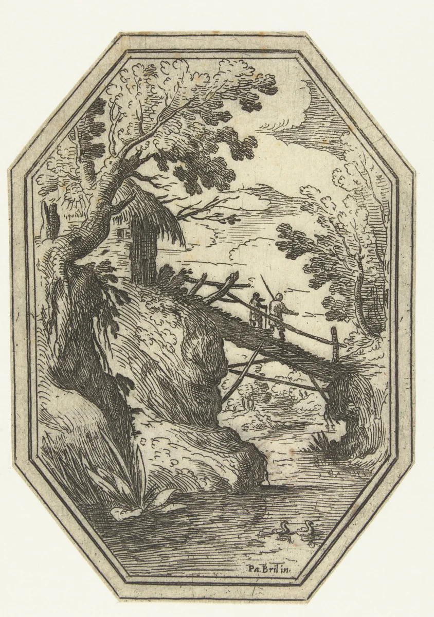 Landschap met houten bruggetje in octagonaal kader by Unknown, print, 1582-1626