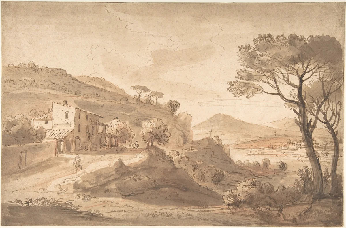 Italianate River Landscape with an Inn by Gaspar Adriaensz van Wittel, drawing, 1667-1736