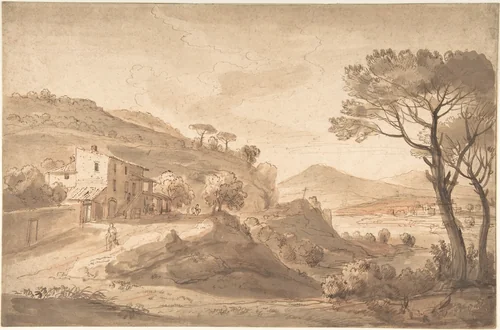 Italianate River Landscape with an Inn by Gaspar Adriaensz van Wittel, drawing, 1667-1736