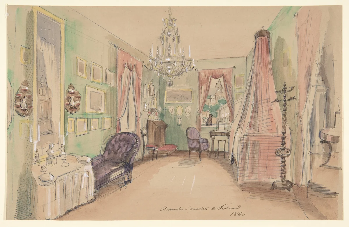 Drawing of an Interior: Bedroom by anonymous, drawing, 1857