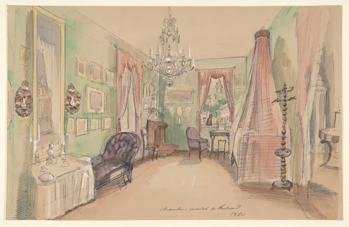 Drawing of an Interior: Bedroom by anonymous, drawing, 1857