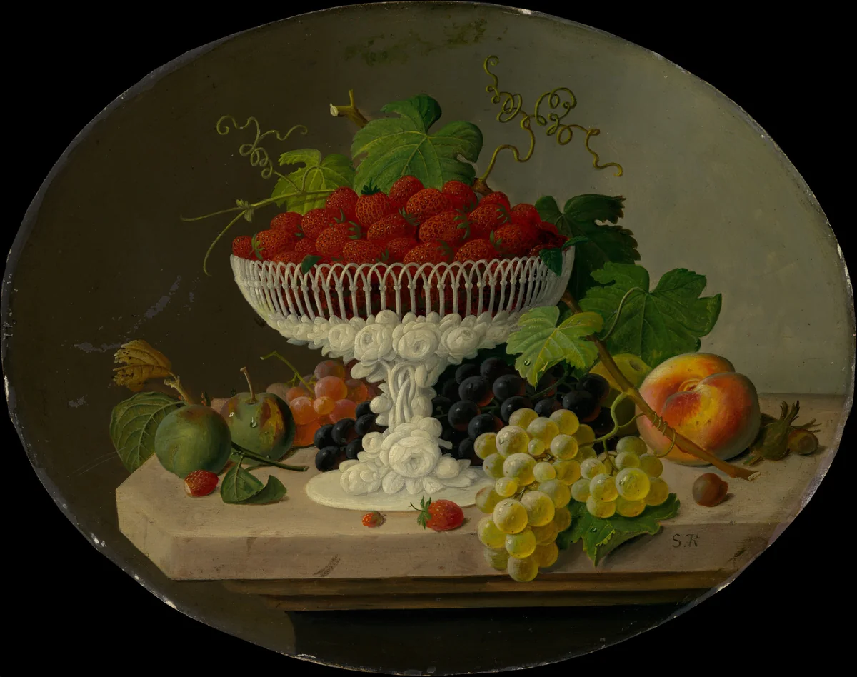 Still Life with Strawberries in a Compote by Severin Roesen, artwork, 1865-1870