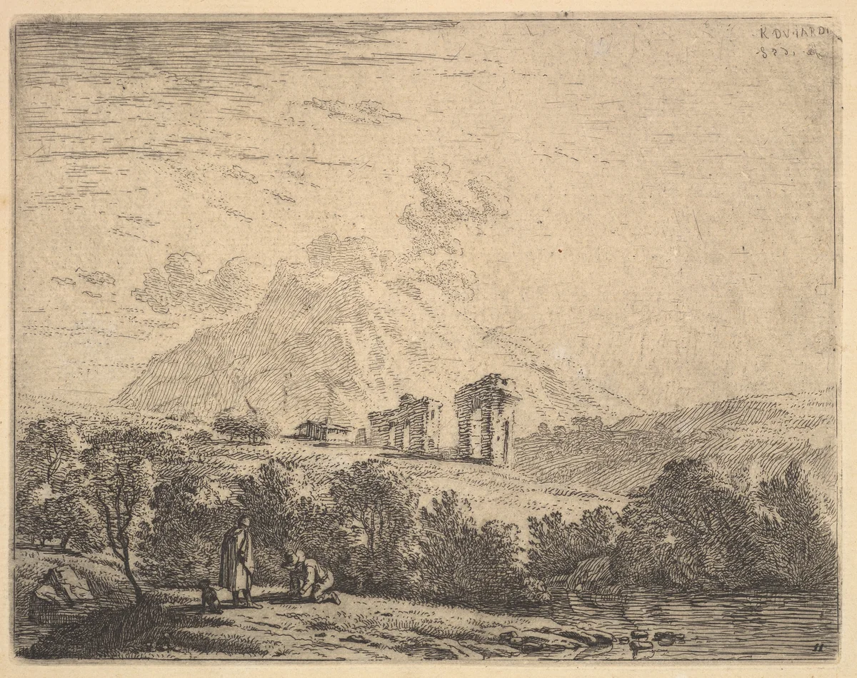 View of hillside with ruins (an aqueduct?) and mountain crag beyond, in the foreground a man kneels on the grass beside a standing man and a dog by Karel Dujardin, print, 1658