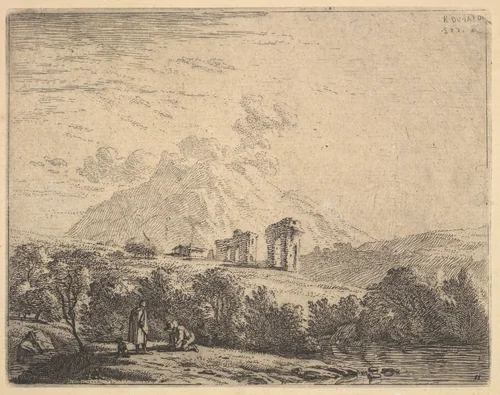 View of hillside with ruins (an aqueduct?) and mountain crag beyond, in the foreground a man kneels on the grass beside a standing man and a dog by Karel Dujardin, print, 1658