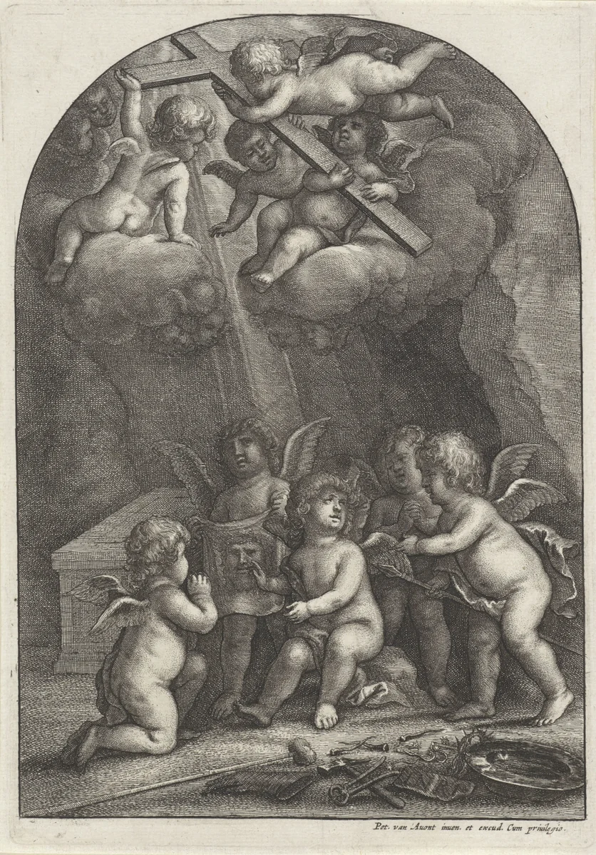 Putti met passiewerktuigen bij het graf van Christus by Wenceslaus Hollar, print, 1644-1652