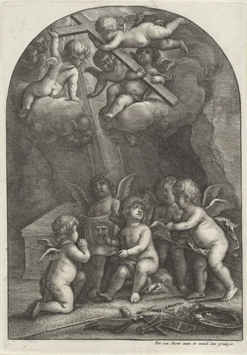 Putti met passiewerktuigen bij het graf van Christus by Wenceslaus Hollar, print, 1644-1652