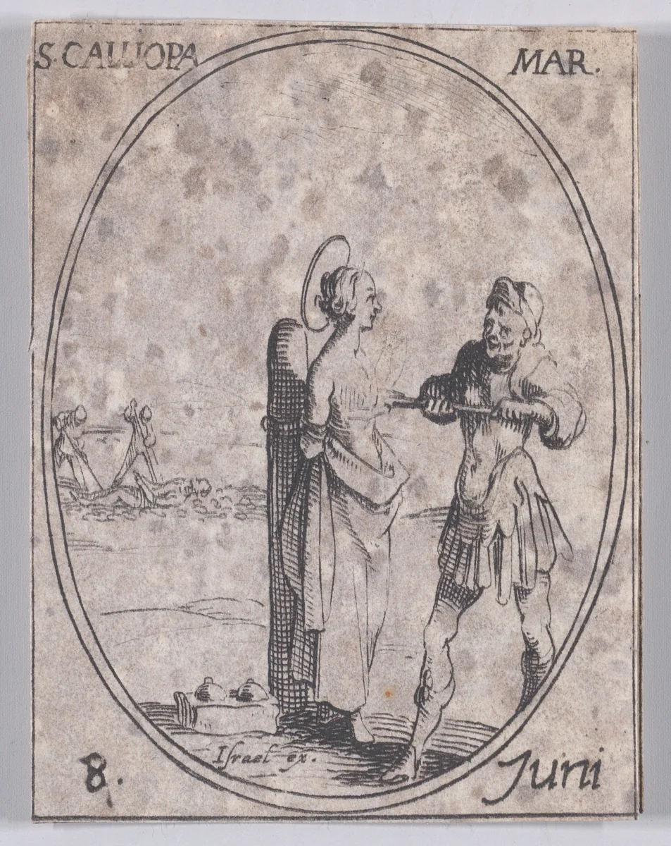 Ste. Calliope, martyre (St. Calliope, Martyr), June 8th, from "Les Images De Tous Les Saincts et Saintes de L'Année" (Images of All of the Saints and Religious Events of the Year) by Jacques Callot, print, 1636