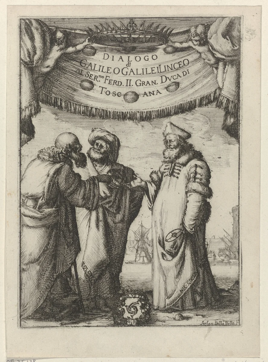 Galileo in gesprek met twee oude mannen by Stefano della Bella, print, 1632