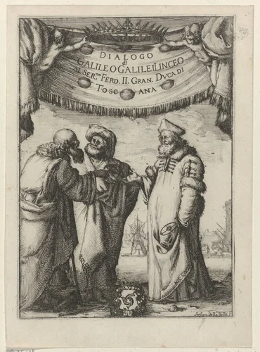 Galileo in gesprek met twee oude mannen by Stefano della Bella, print, 1632