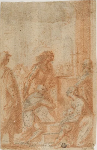 Figures Before Altar in Church (recto); Half-Length Male Nude, Looking Upward to Right (verso) by Francesco Furini, drawing, 1600-1699