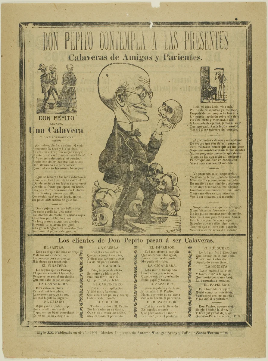 Don Pepito Contemplates those present, calaveras of friends and family by José Guadalupe Posada, print, 1897-1907
