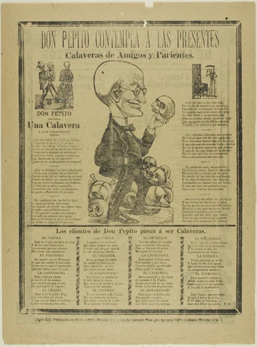 Don Pepito Contemplates those present, calaveras of friends and family by José Guadalupe Posada, print, 1897-1907