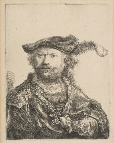 Self-Portrait in a Velvet Cap with Plume by Rembrandt van Rijn, print, 1638