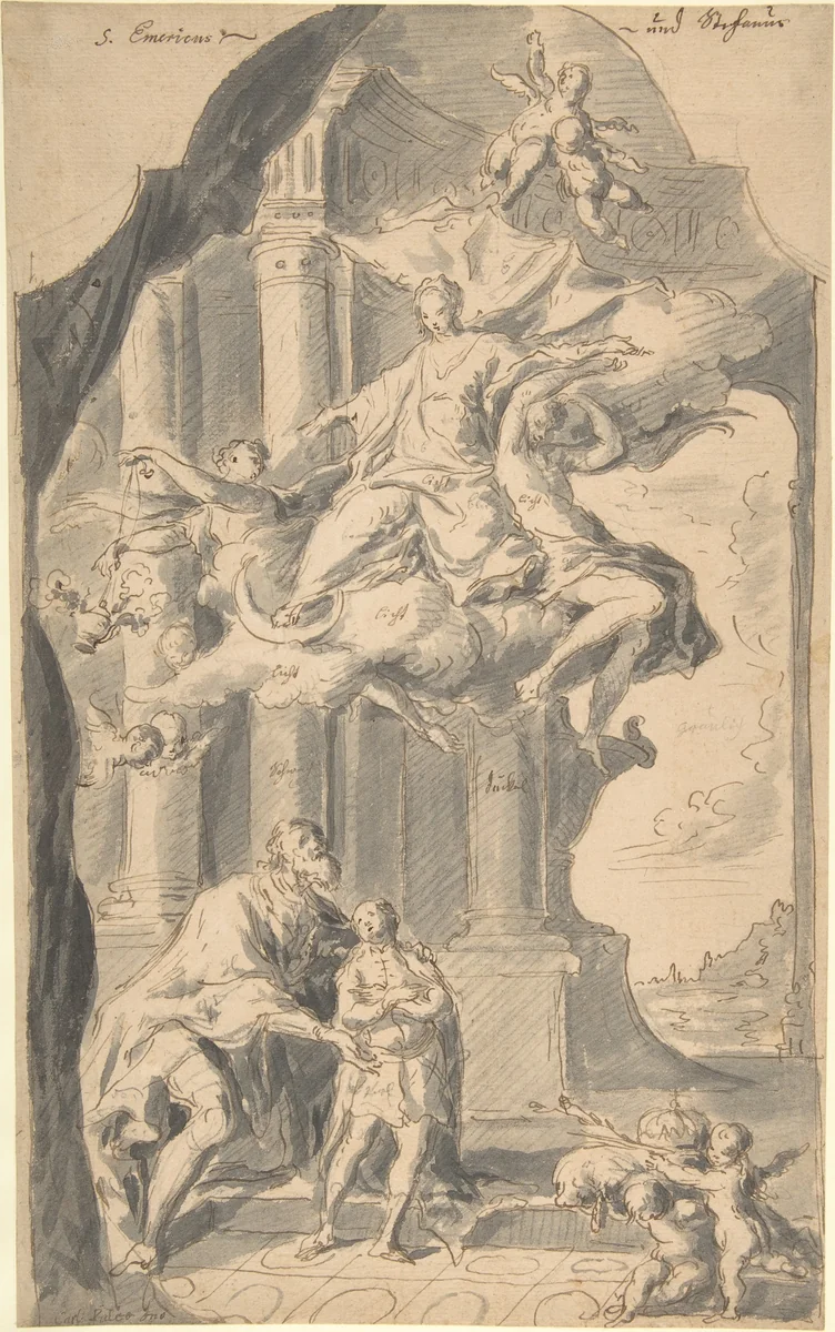 Saint Stephen of Hungary Presenting his Son, Saint Emeric, to the Virgin by Franz Palko, drawing, 1740-1767