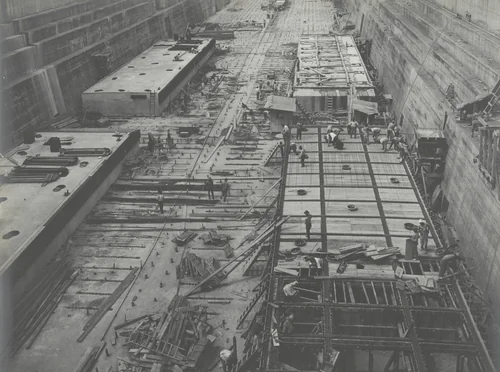 Reinforced Concrete Pontoons. Looking West from Head of Dry Dock #1 by Unidentified Photographer, photograph, 1916