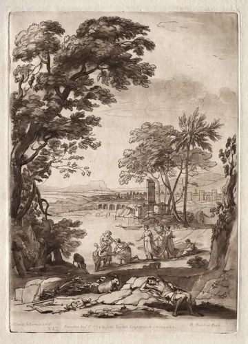 Liber Veritatis: No. 47, A River Scene with the Finding of Moses by Richard Earlom, print, 1774