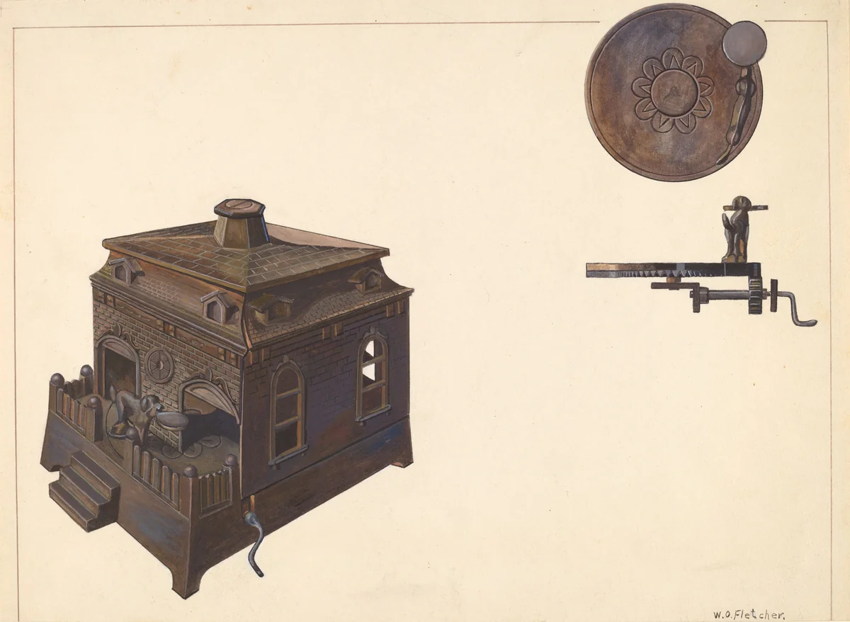 Toy Bank: Building and Revolving Dog by William O. Fletcher, index of american design, 1938