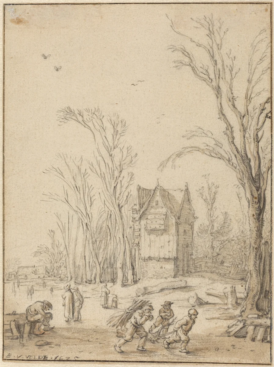 Villagers Skating on a Frozen Pond by Esaias van de Velde, drawing, 1625