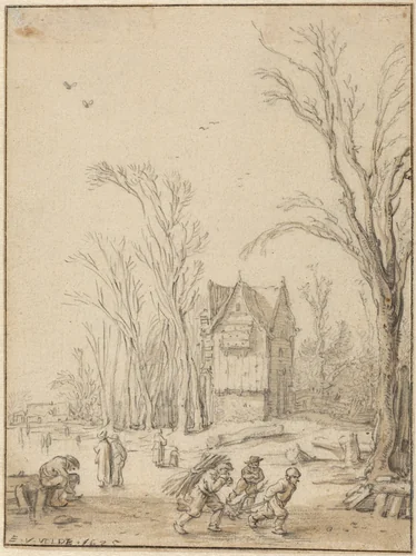 Villagers Skating on a Frozen Pond by Esaias van de Velde, drawing, 1625