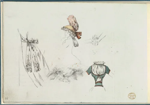 Costume Design Sketches including a Bouffant Skirt, Hat, and Bodice by anonymous, other, 1785-1790