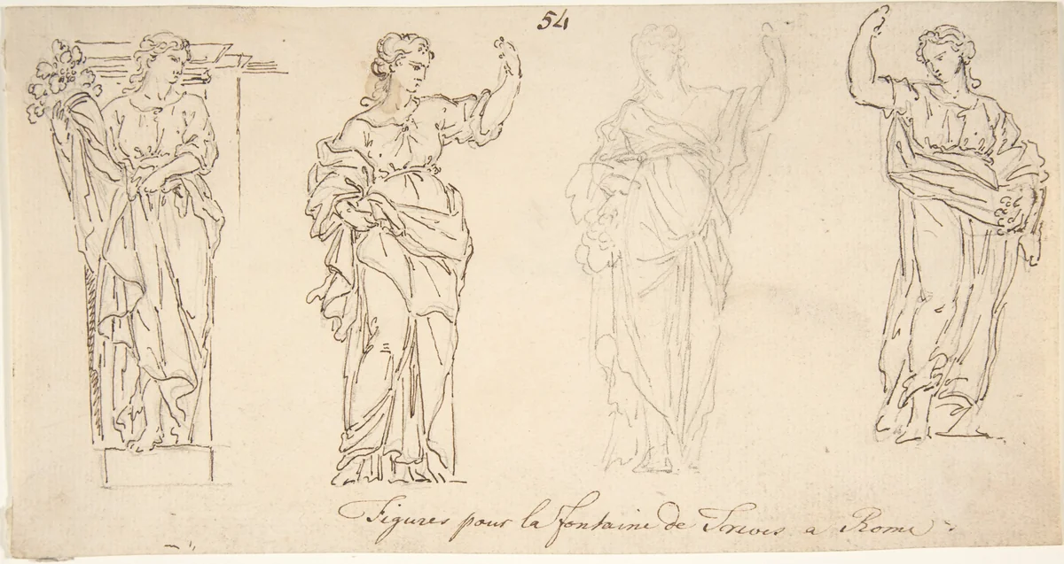 Design for Female Figures for the Trevi Fountain by anonymous, drawing, 1700-1799