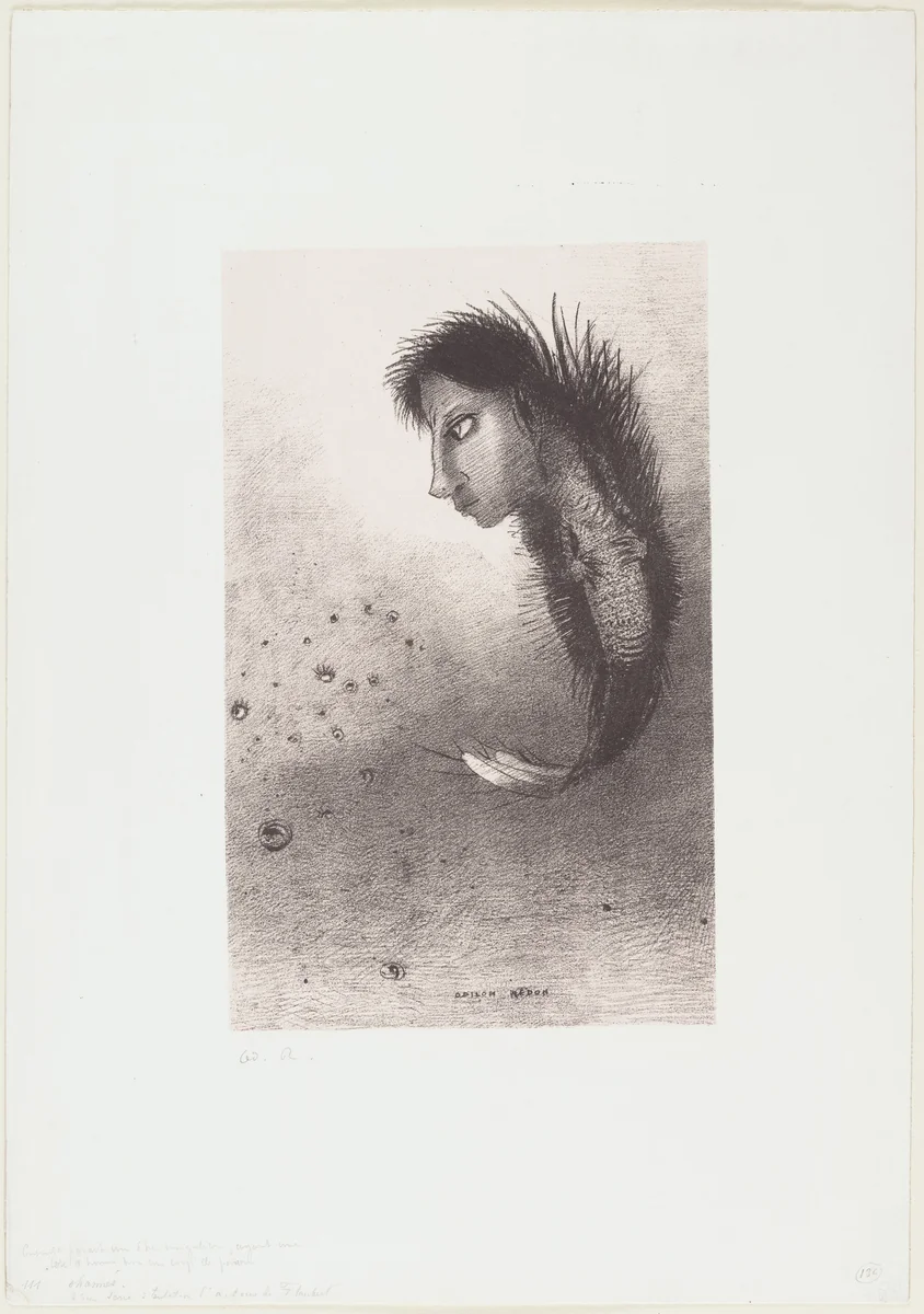 Then There Appears a Singular Being, Having the Head of a Man on a Body of a Fish (Ensuite parait un être singulier, ayant une tête d'homme sur un corps de poisson) from The Temptation of Saint Anthony (La Tentation de Saint-Antoine) by Odilon Redon, print, 1888