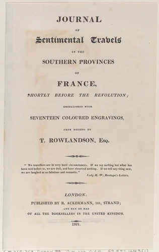 Title page, from "Journal of Sentimental Travels in the Southern Provinces of France, Shortly Before the Revolution" by Thomas Rowlandson, print, 1821