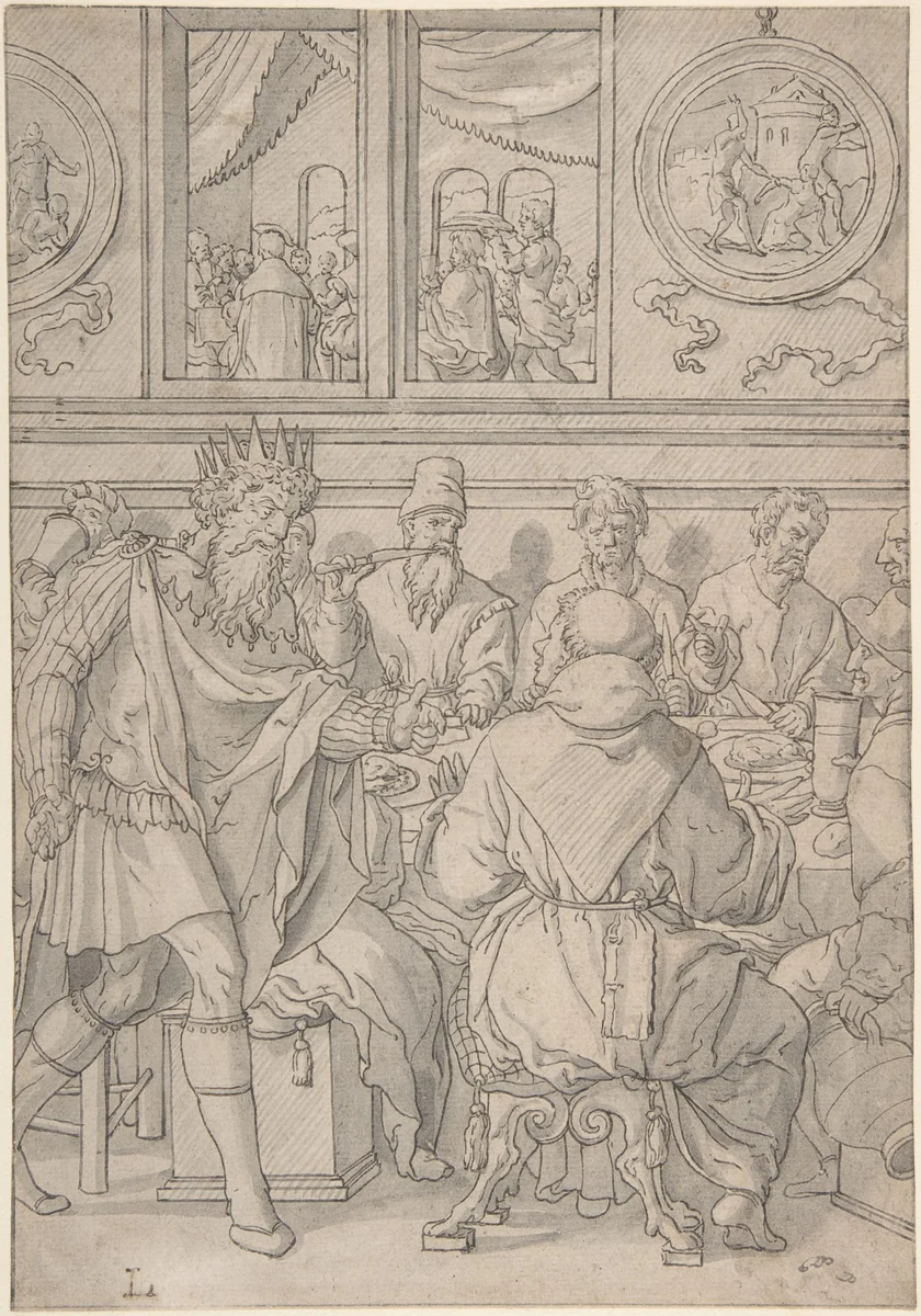 Scene from the parable of the marriage feast (Matthew 22:11-14; The king denouncing the man who was not wearing a wedding robe) by anonymous, drawing, 1500-1600