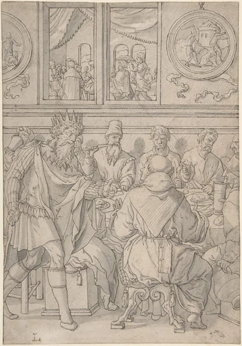 Scene from the parable of the marriage feast (Matthew 22:11-14; The king denouncing the man who was not wearing a wedding robe) by anonymous, drawing, 1500-1600