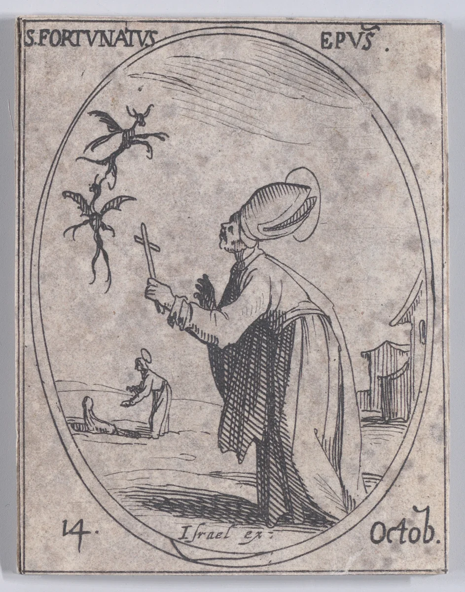 S. Fortunat, évêque (St. Fortunatus, Bishop), October 14th, from "Les Images De Tous Les Saincts et Saintes de L'Année" (Images of All of the Saints and Religious Events of the Year) by Jacques Callot, print, 1636