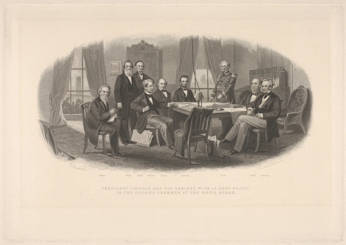 President Lincoln and His Cabinet, with Lt. General Scott, in the Council Chamber at the White House by Robert Whitechurch, print, 1856-1866