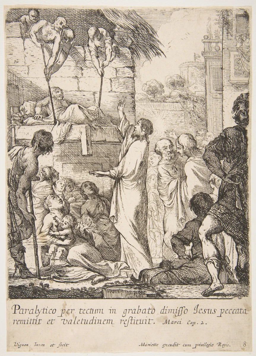 Healing the Paralytic (Jésus-Christ prouve en guérissant un paralytique, qu'il a le pouvoir de pardonner les péchés) by Claude Vignon, print, 1593-1670
