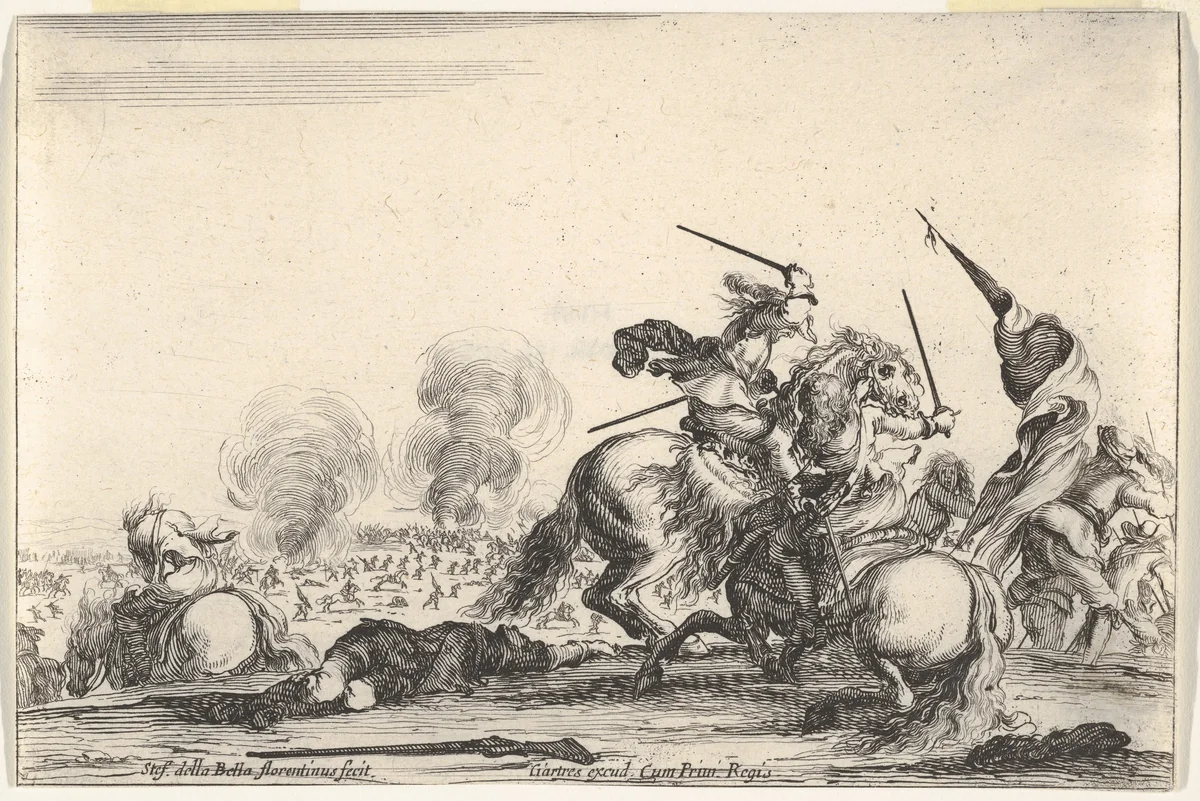 A skirmish, two horsemen battling with swords to the right, men carrying a flag running away towards the right, a dead man on the ground and a horseman seen from behind to the left, from "Varie Figure" by Stefano della Bella, print, 1640-1650