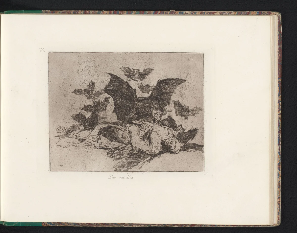 Monsterlijke vleermuizen doen zich tegeoed aan het lichaam van een gevallene by Francisco de Goya, book, 1810-1820