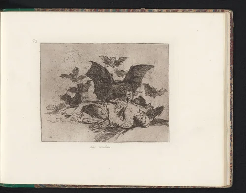 Monsterlijke vleermuizen doen zich tegeoed aan het lichaam van een gevallene by Francisco de Goya, book, 1810-1820