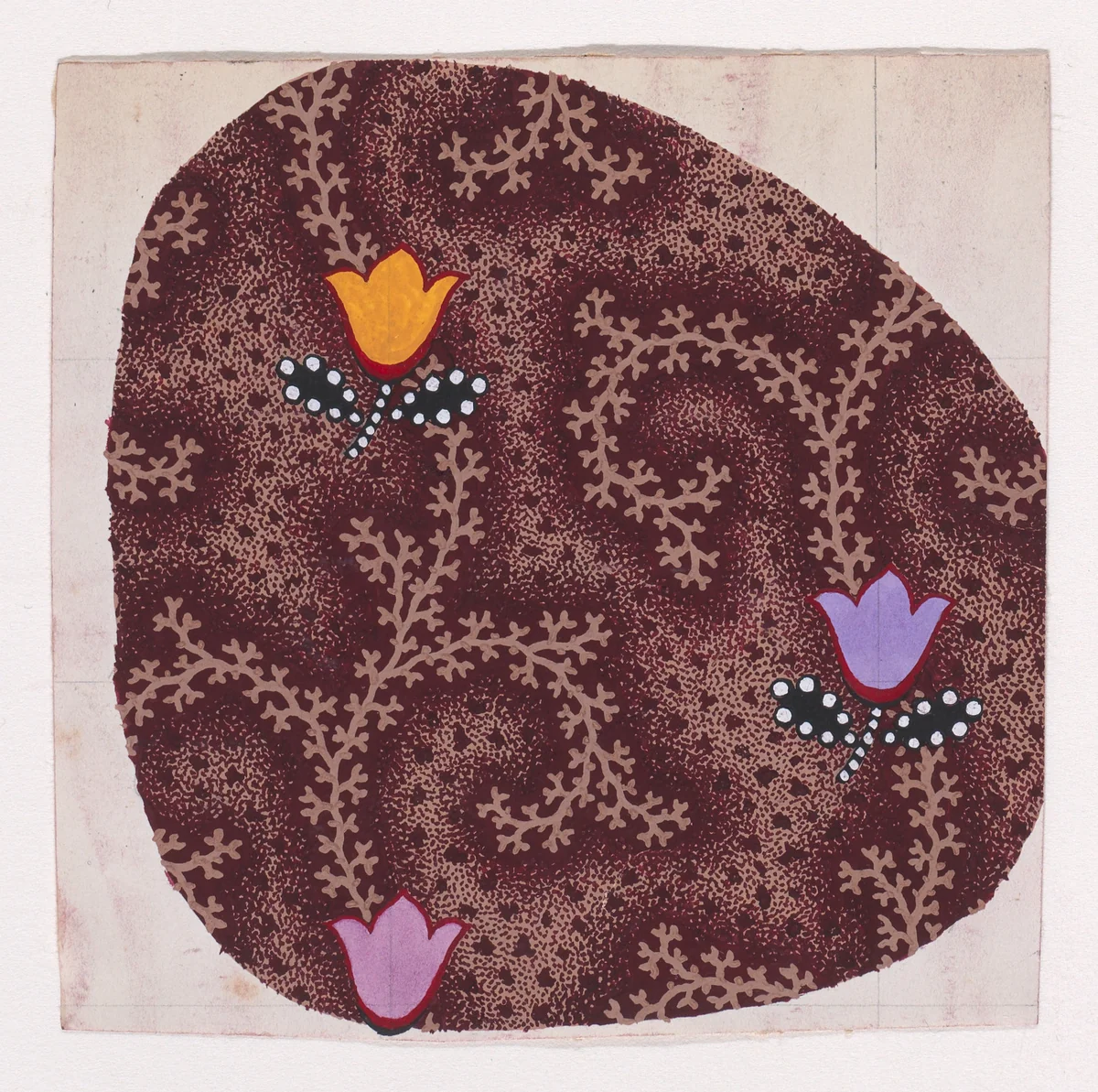 Textile Design with Vertical Scrolling Garlands of Branches with Stylized Tulips and Pearls by anonymous, drawing, 1840