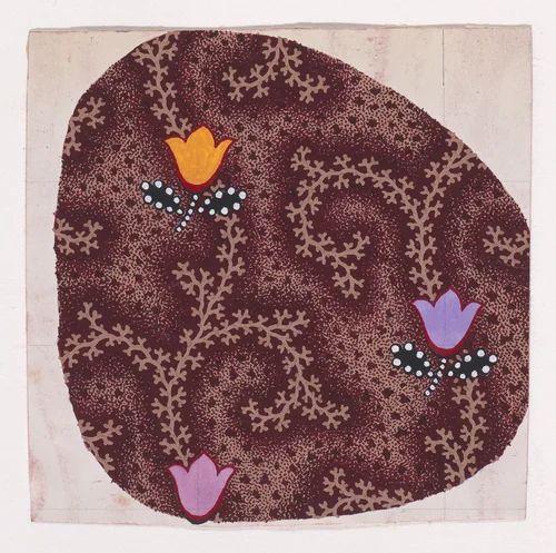 Textile Design with Vertical Scrolling Garlands of Branches with Stylized Tulips and Pearls by anonymous, drawing, 1840