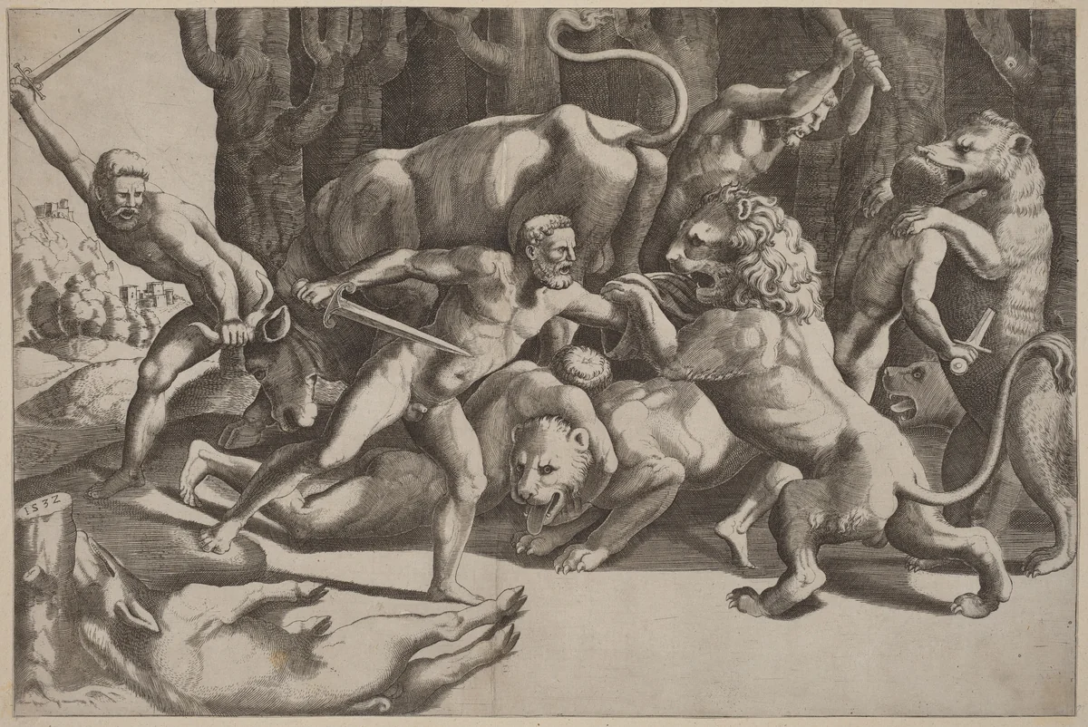Five Men Fighting Beasts by Giulio Romano, print, 1532