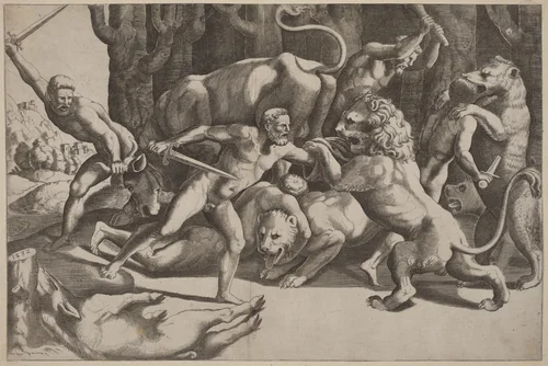 Five Men Fighting Beasts by Giulio Romano, print, 1532