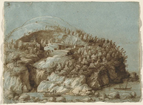 Hilly Landscape with Ships by Gherardo Cibo, drawing, 1565-1575