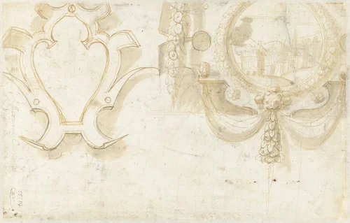 Twee ontwerpen voor een wandschildering by Giovanni Cambiaso, drawing, 1505-1579