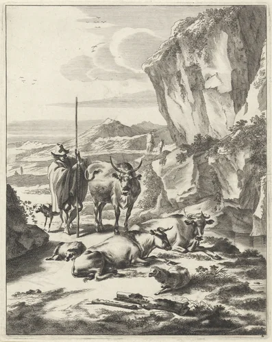 Rotsachtig landschap met een herder en zijn kudde by Jan de Visscher, print, 1650-1701