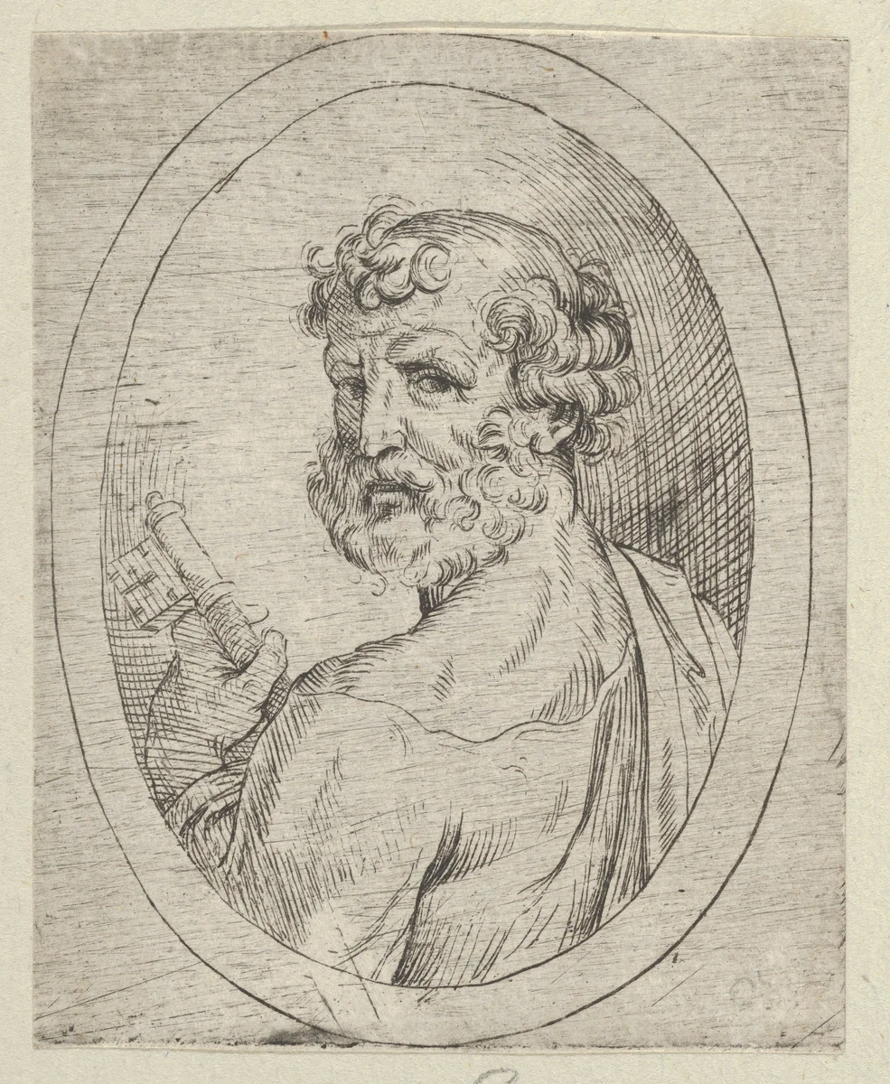 Saint Peter seen from behind, turning to face outwards and holding a key, in an oval frame, from "Christ, the Virgin, and Thirteen Apostles" by anonymous, print, 1595-1645