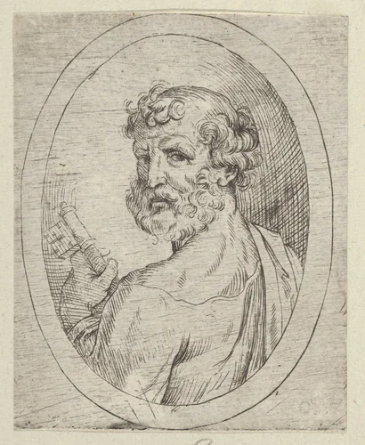 Saint Peter seen from behind, turning to face outwards and holding a key, in an oval frame, from "Christ, the Virgin, and Thirteen Apostles" by anonymous, print, 1595-1645