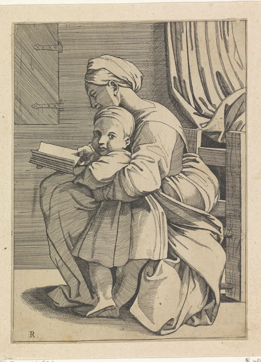 Maria leert het Christuskind lezen by anonymous, print, 1498-1532