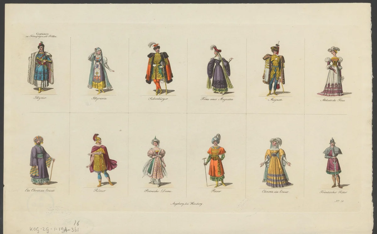 Kostuums van verschillende volken voor processies en festiviteiten by anonymous, print, 1801-1850